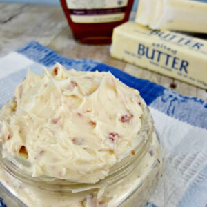 Close up of Maple Bacon Butter in a jar.