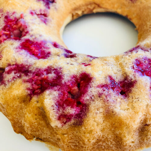 Close up of Raspberry Chocolate Pancake Bundt Cake.