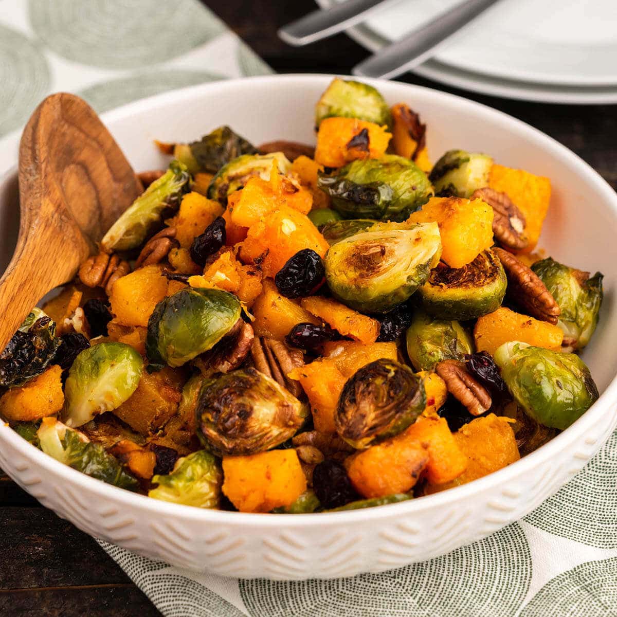 Bowl of Roasted Butternut Squash and Brussels Sprouts.