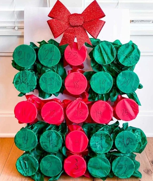 Easy DIY Advent Calendar with plastic cups and tissue paper.