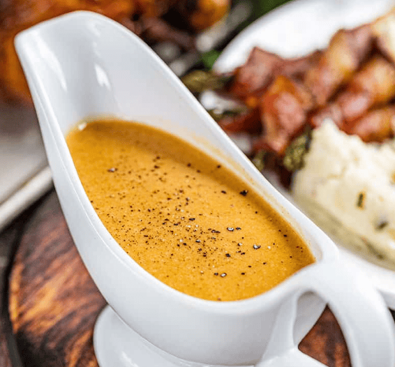Make ahead gravy with bacon in a gravy boat.