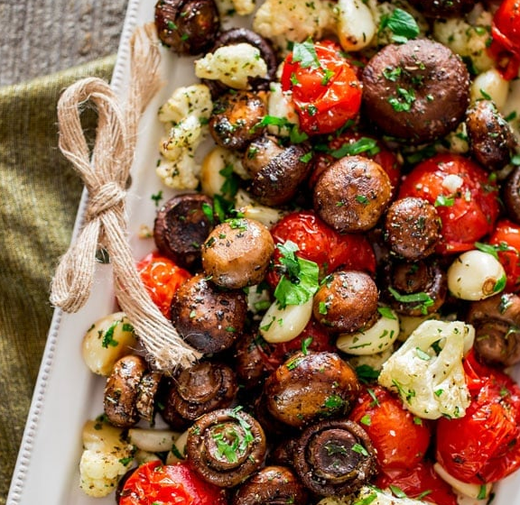 Platter of make ahead Italian Roasted Mushrooms and Veggies