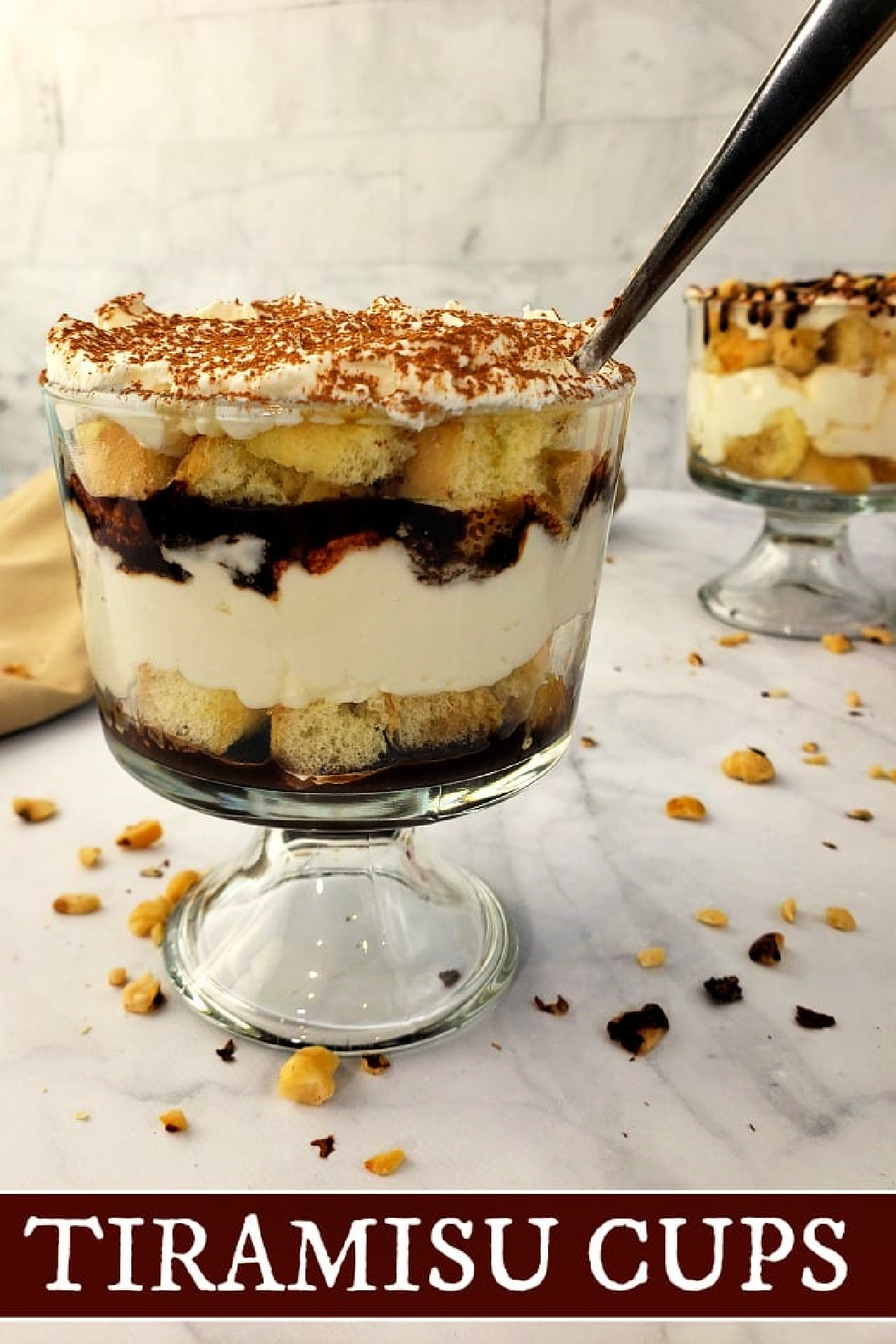 Close up of mini Tiramisu Desserts with text overlay.