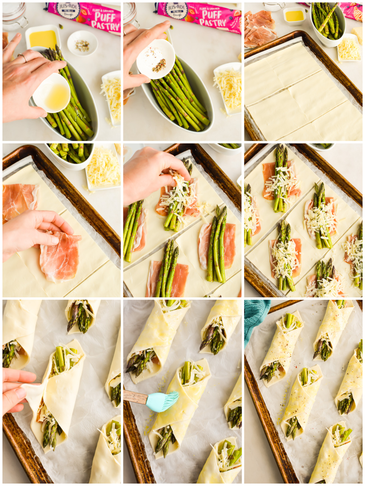Collage image showing how to make asparagus and prosciutto puff pastry bundles