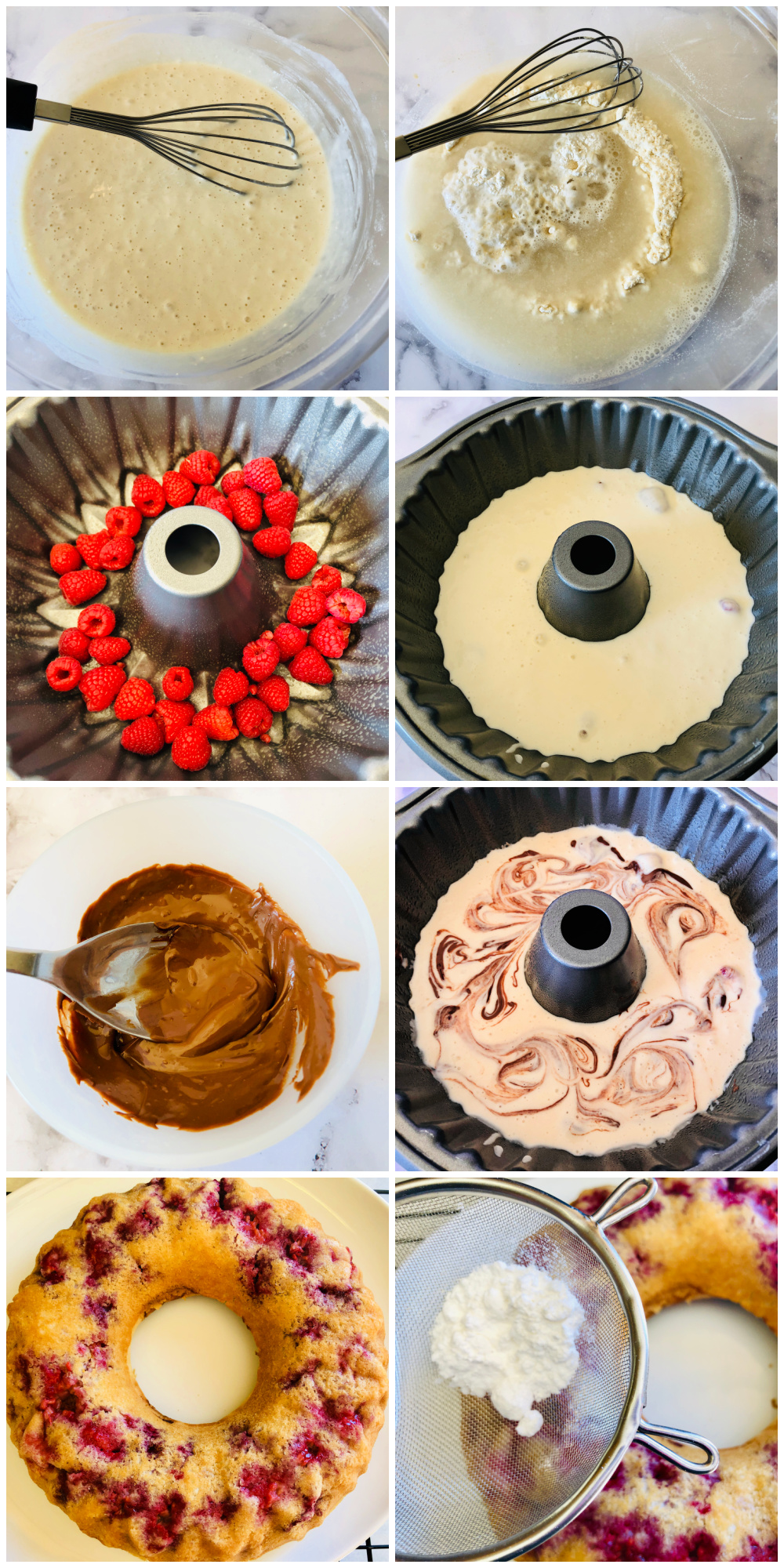 How to collage for making Raspberry Chocolate Breakfast Bundt Cake.