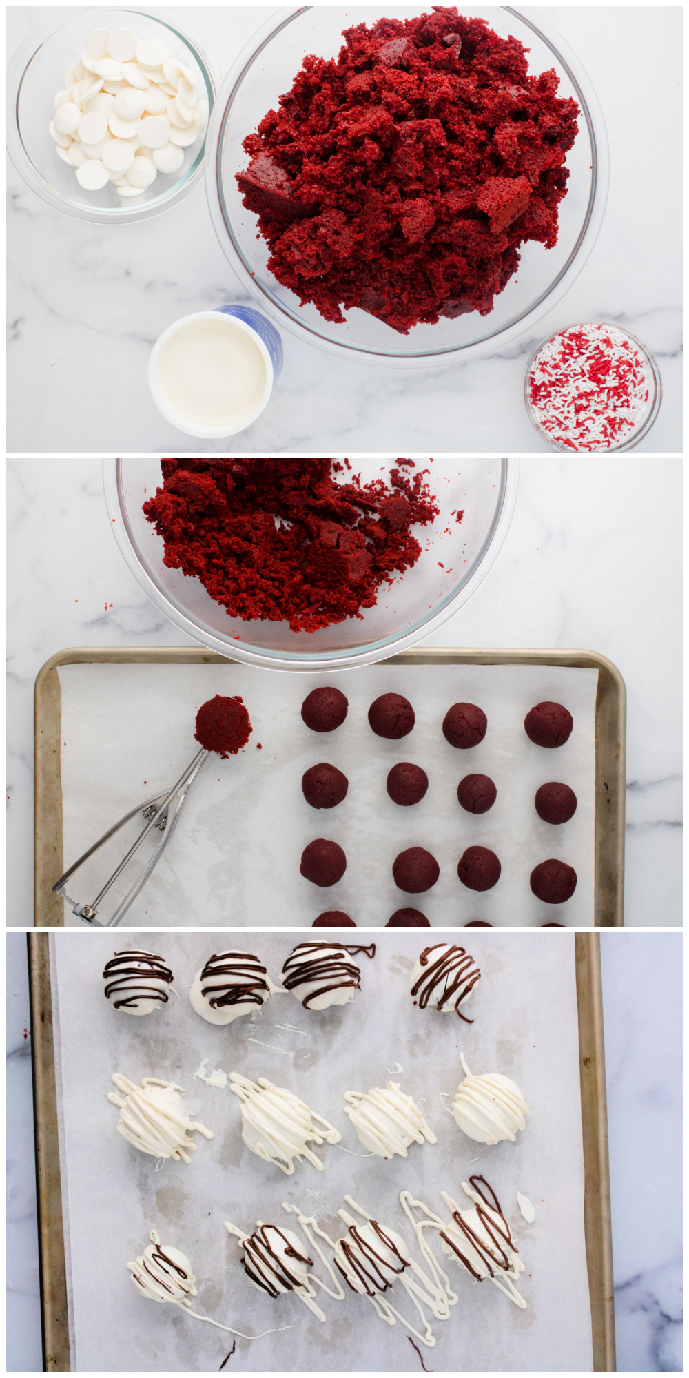 How to make red velvet cake balls collage image.