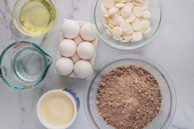 Top down view of red velvet cake ball ingredients.