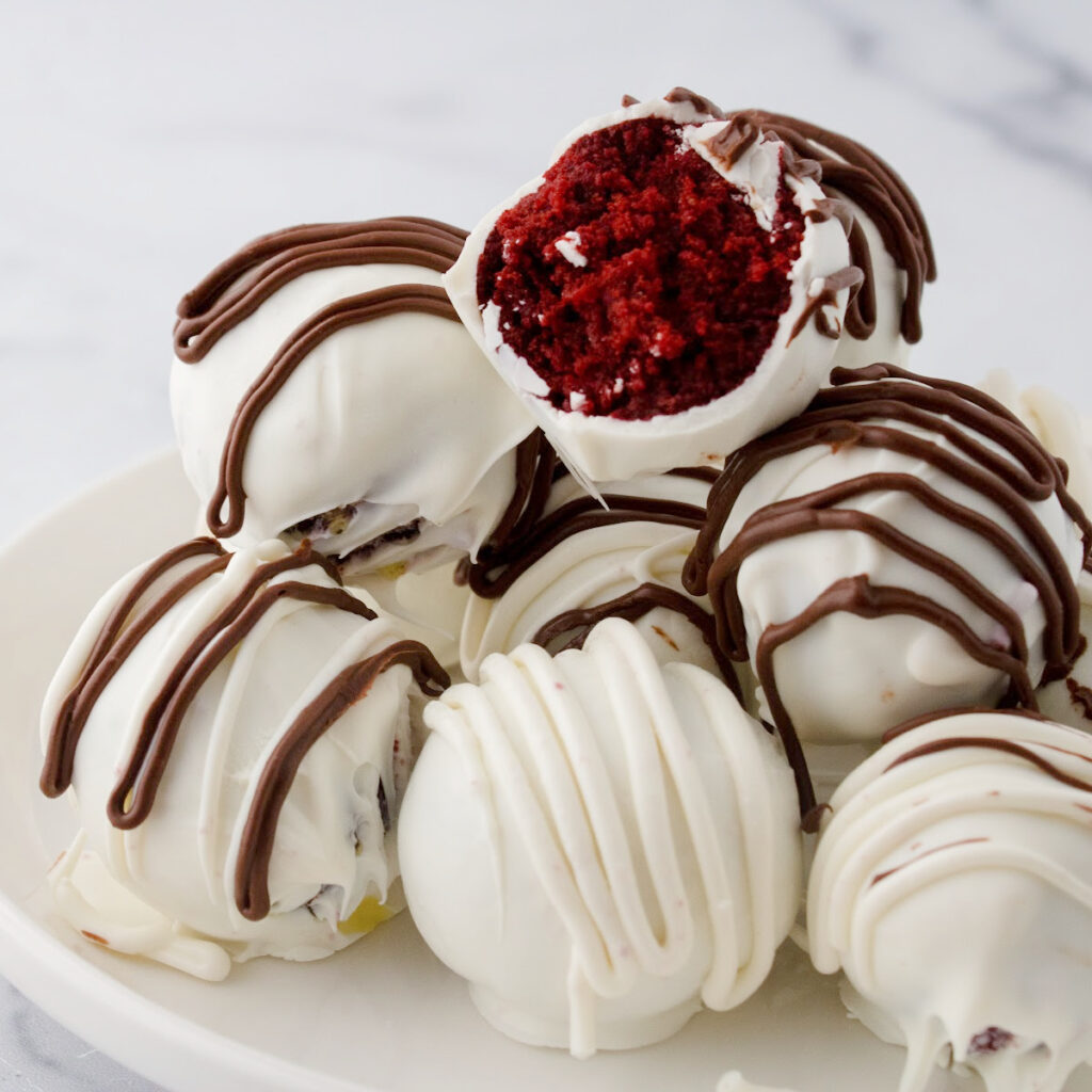 Plate full of Red Velvet Cake Balls.