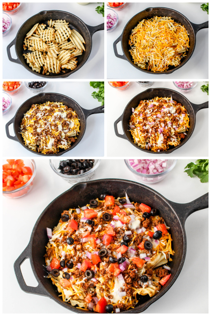 Collage showing How to Make Waffle Fry Nachos in a Skillet.