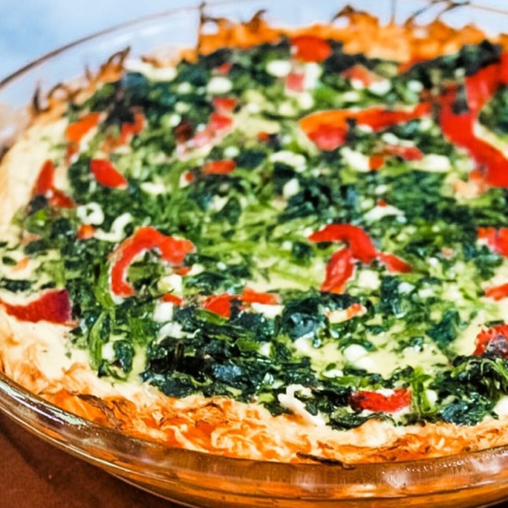 Close up of Gluten Free Sweet Potato Spinach Quiche in a pie plate.