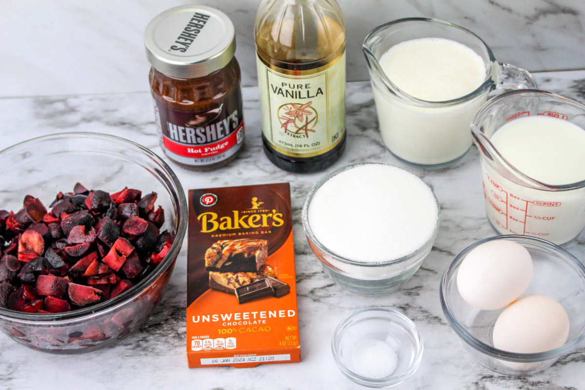 Black Forest Ice Cream Ingredients including cream, eggs, and sugar.