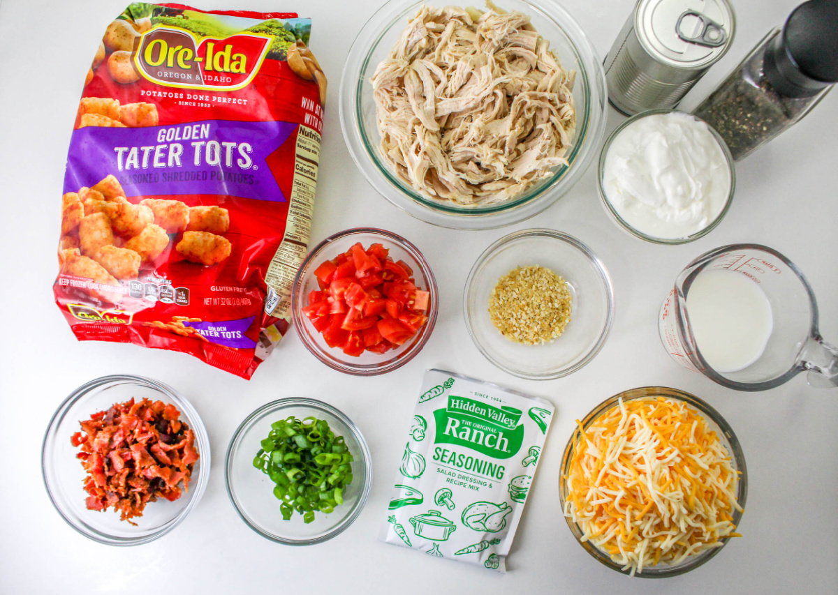 Top down view of Chicken Bacon Ranch Tator Tot Casserole ingredients.