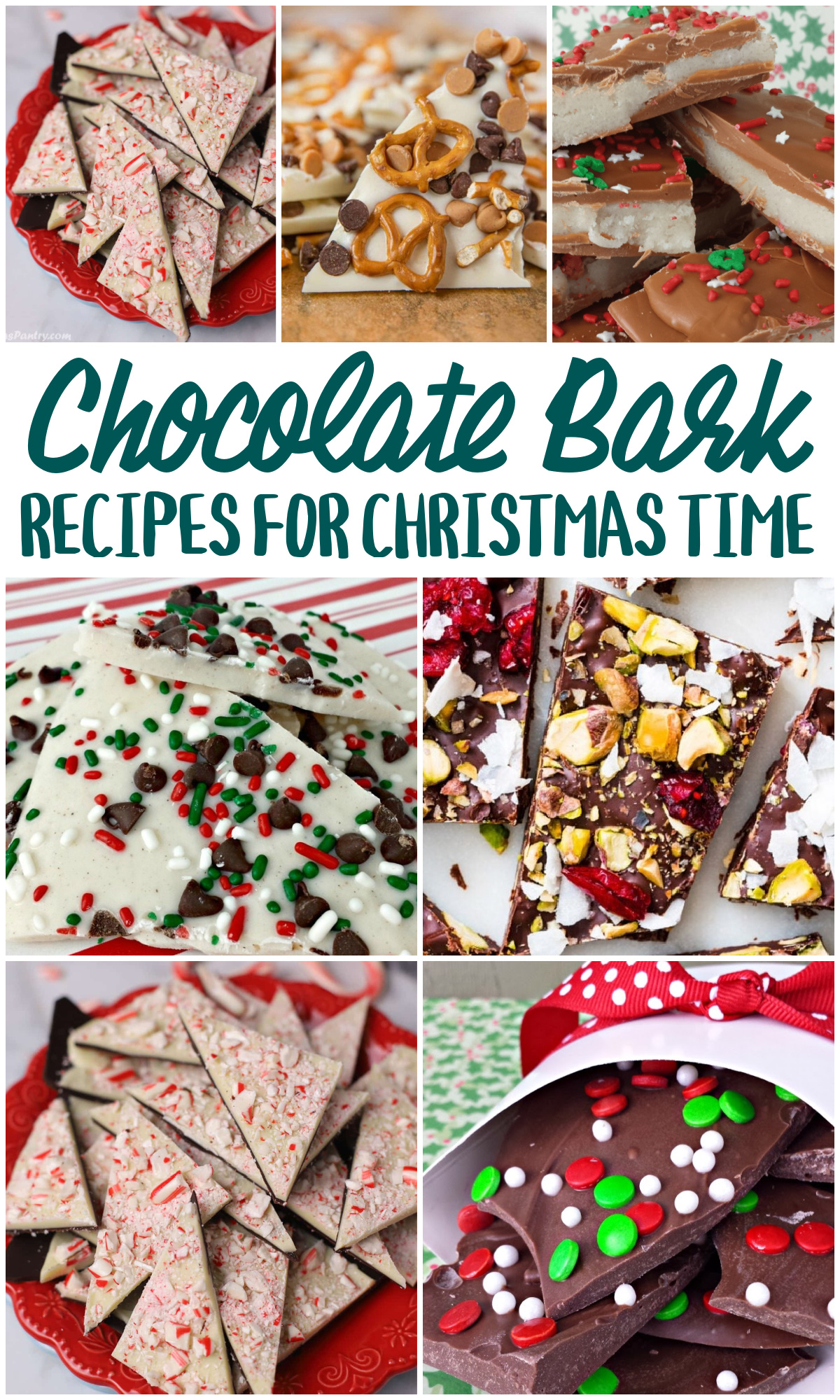 Chocolate Bark Recipes for Christmastime collage with text overlay.