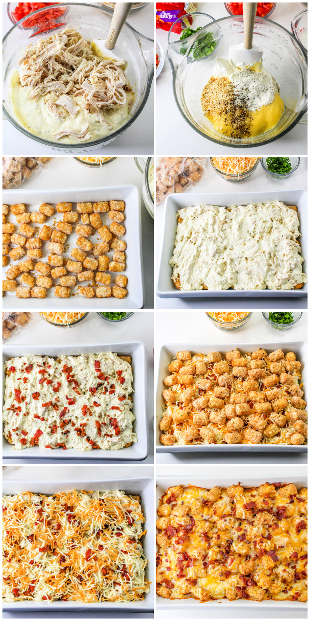 How to Make Bacon Chicken Ranch Tater Tot Casserole collage image.