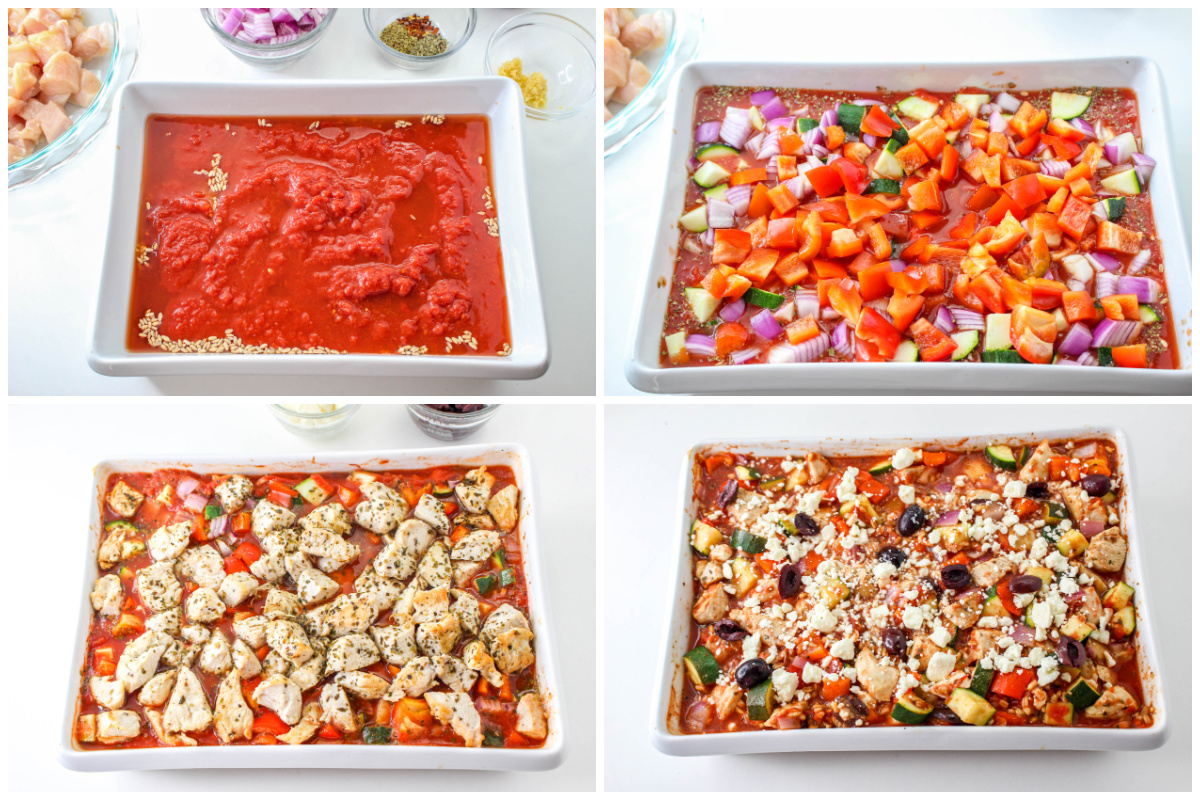 Collage showing How to Make Mediterranean Chicken Casserole.