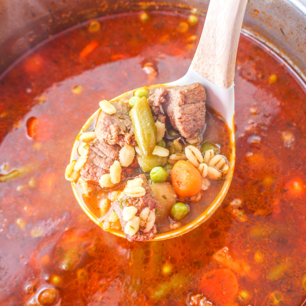 Close up of a ladle with Instant Pot Vegetable and Beef Soup.