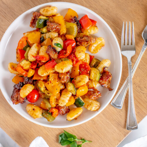 Italian Sausage Gnocchi Bake on a white plate.