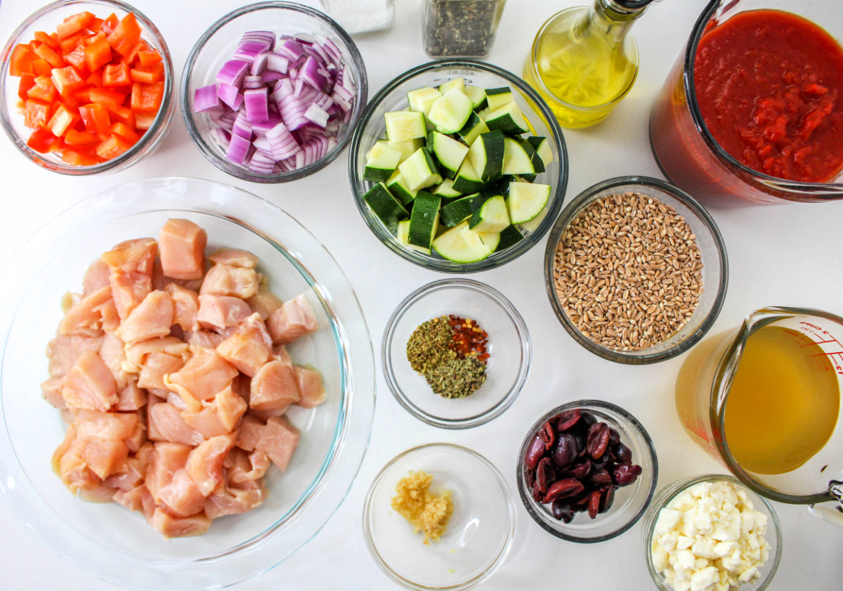 Top down view of Mediterranean Chicken Casserole Ingredients.