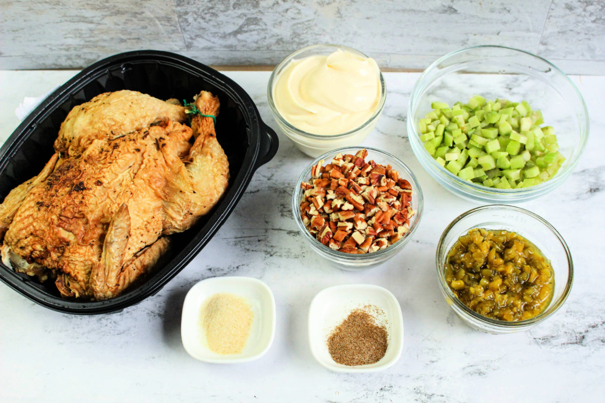 Rotisserie Chicken Salad Ingredients including celery, mayo, and seasonings.
