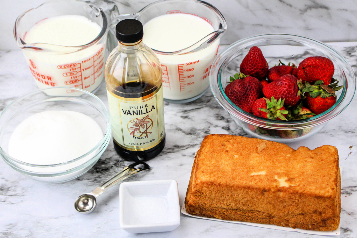 Strawberry Shortcake Ice Cream Ingredients including cream, vanilla, and sugar.