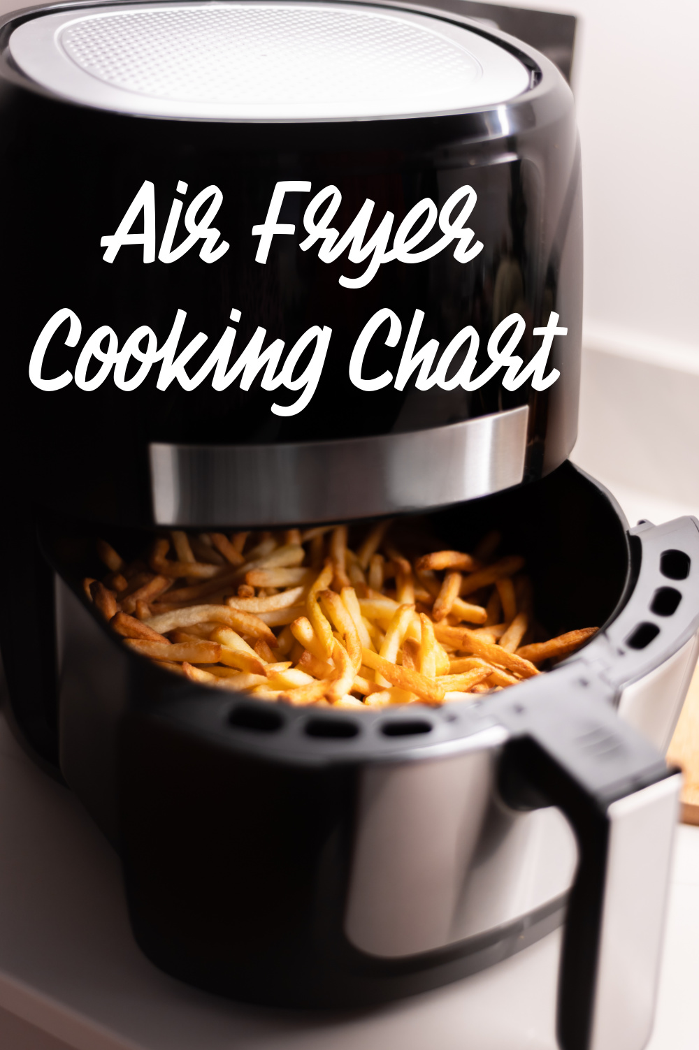 Close up of an air fryer with text overlay.