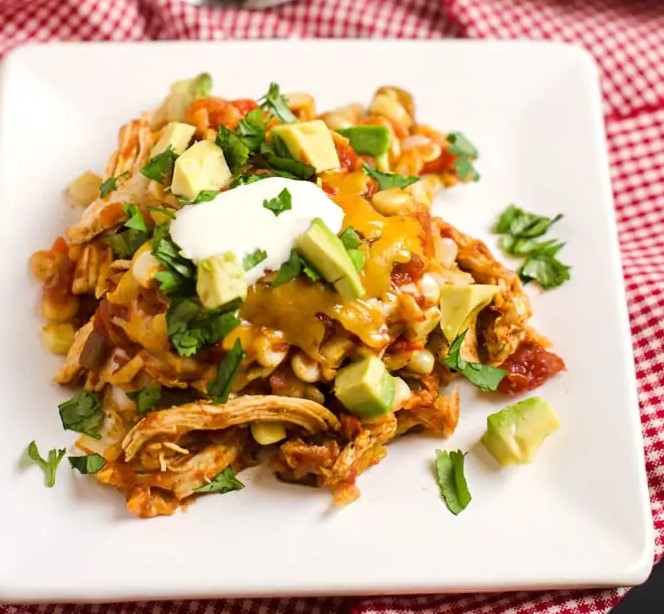 Close up of Slow Cooker Chicken Tortilla Casserole on a plate.