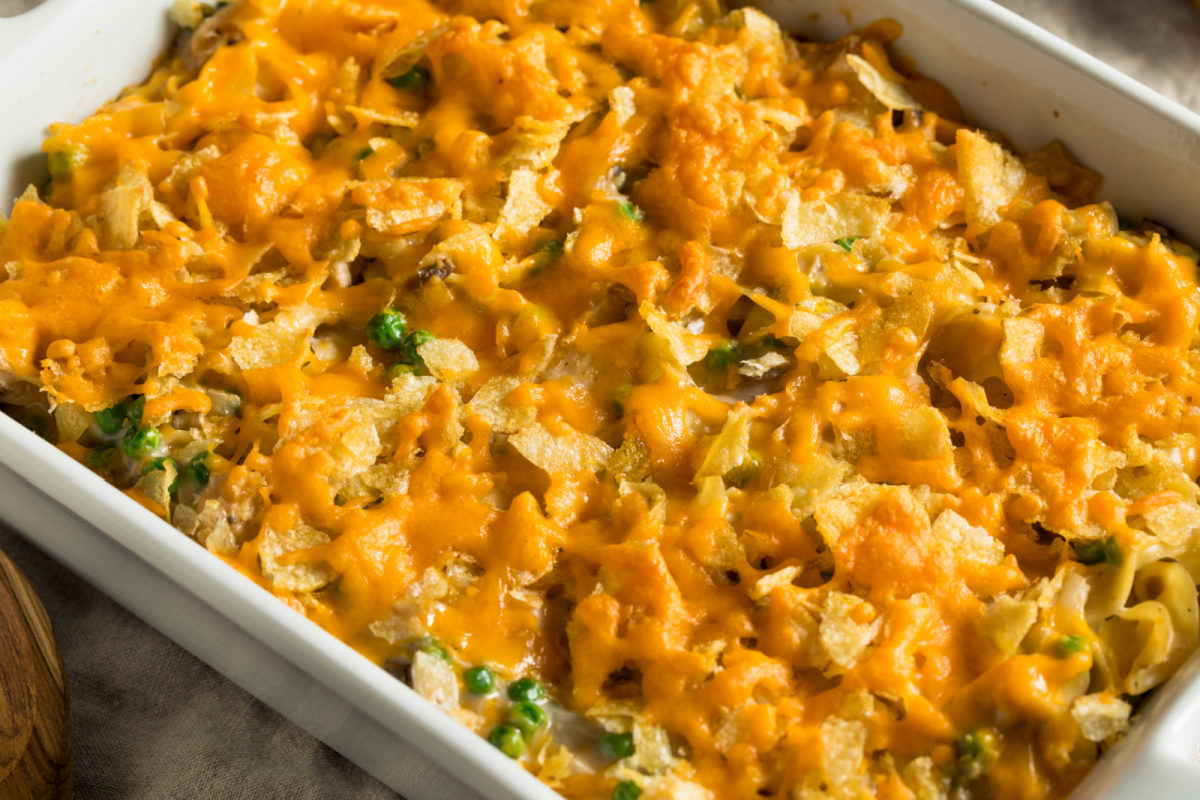 Cheesy Tuna Casserole in a baking dish.