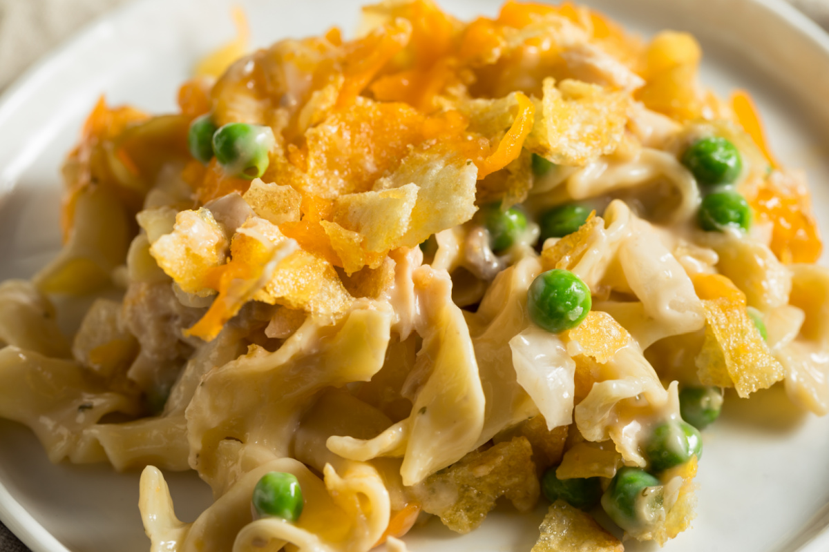 Close up of homemade Tuna Casserole with crunchy chip topping.