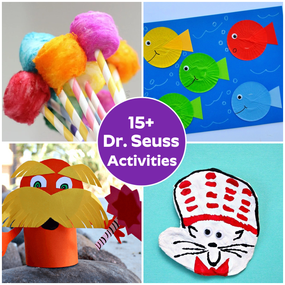 15+ Whimsical Dr. Seuss Inspired Crafts square collage with text overlay.