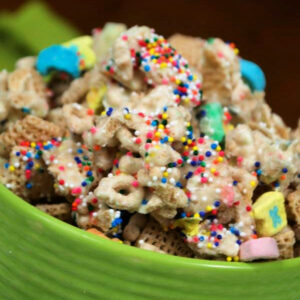 Close up of Lucky Charms Chex Mix in a bowl.