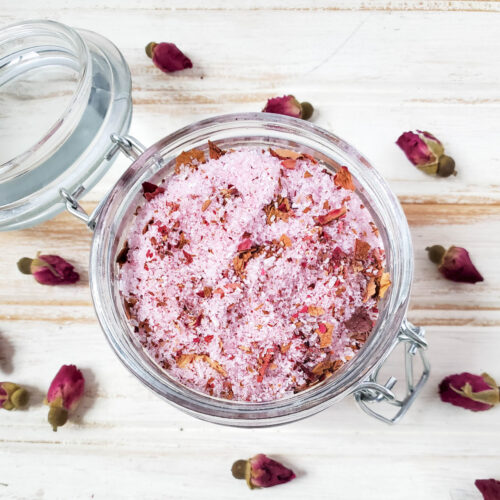 Tope down view of Rose Bath Salts in a jar.
