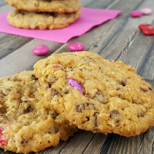 Close up of Valentine's Day Oatmeal Monster Cookies.