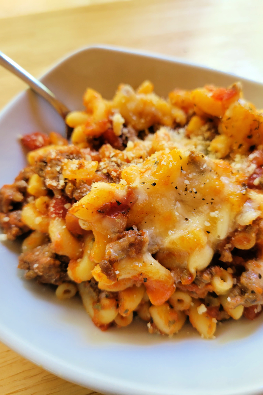 Old Fashion Goulash in a white square bowl.