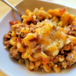 American Goulash in a white square bowl.