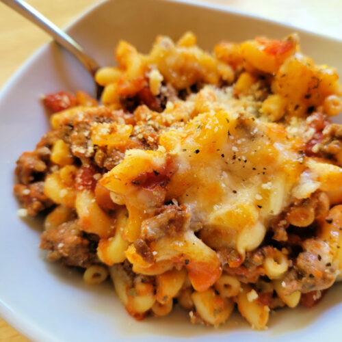 American Goulash in a white square bowl.