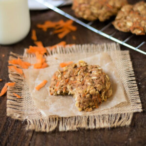 Close up of a Carrot cookie on a burlap square.