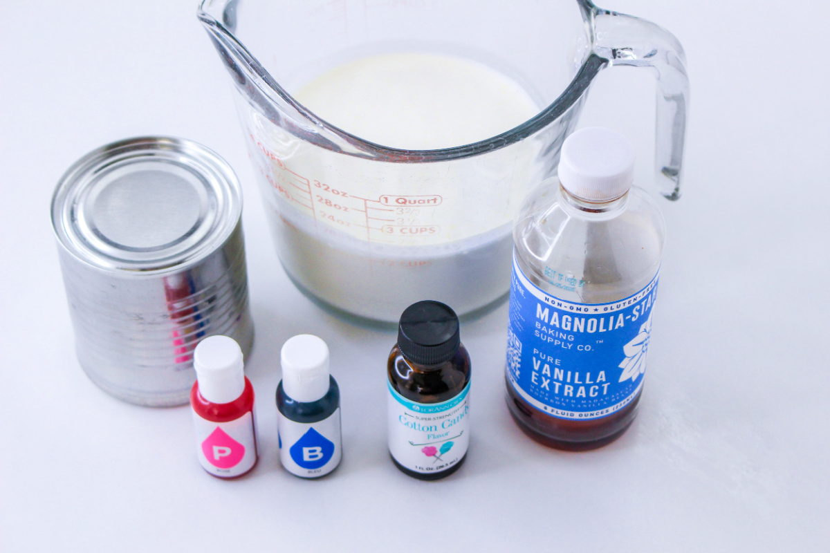 Cotton Candy Ice Cream Ingredients on a counter top.