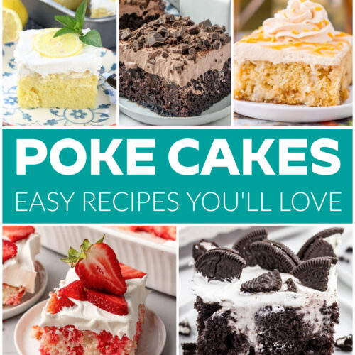 Poke Cake Recipes square collage with text overlay.