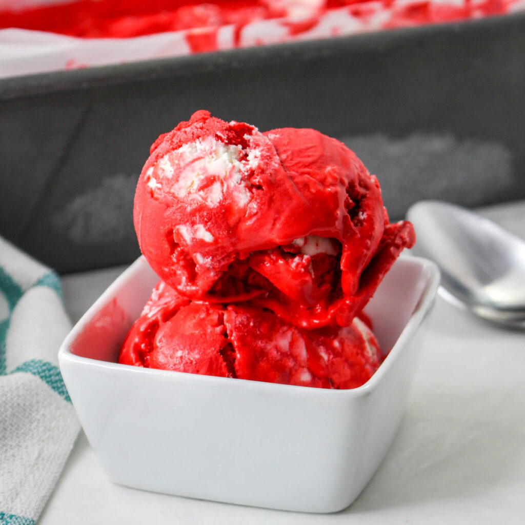 Close up of Red Velvet Ice Cream in a square dish.