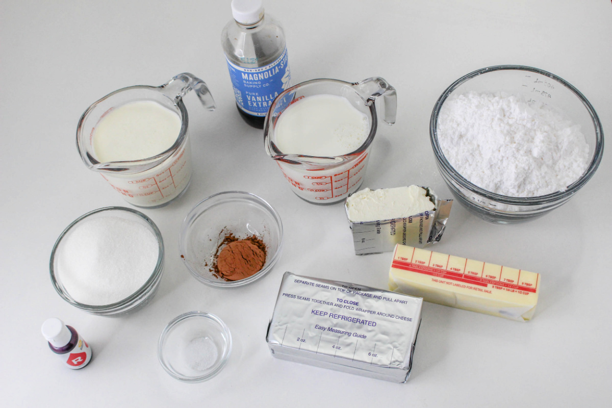 Ingredients to make Red Velvet Ice Cream on a countertop.