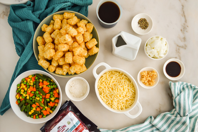 Ingredients to make Sheperds Pie with Tater Tots.