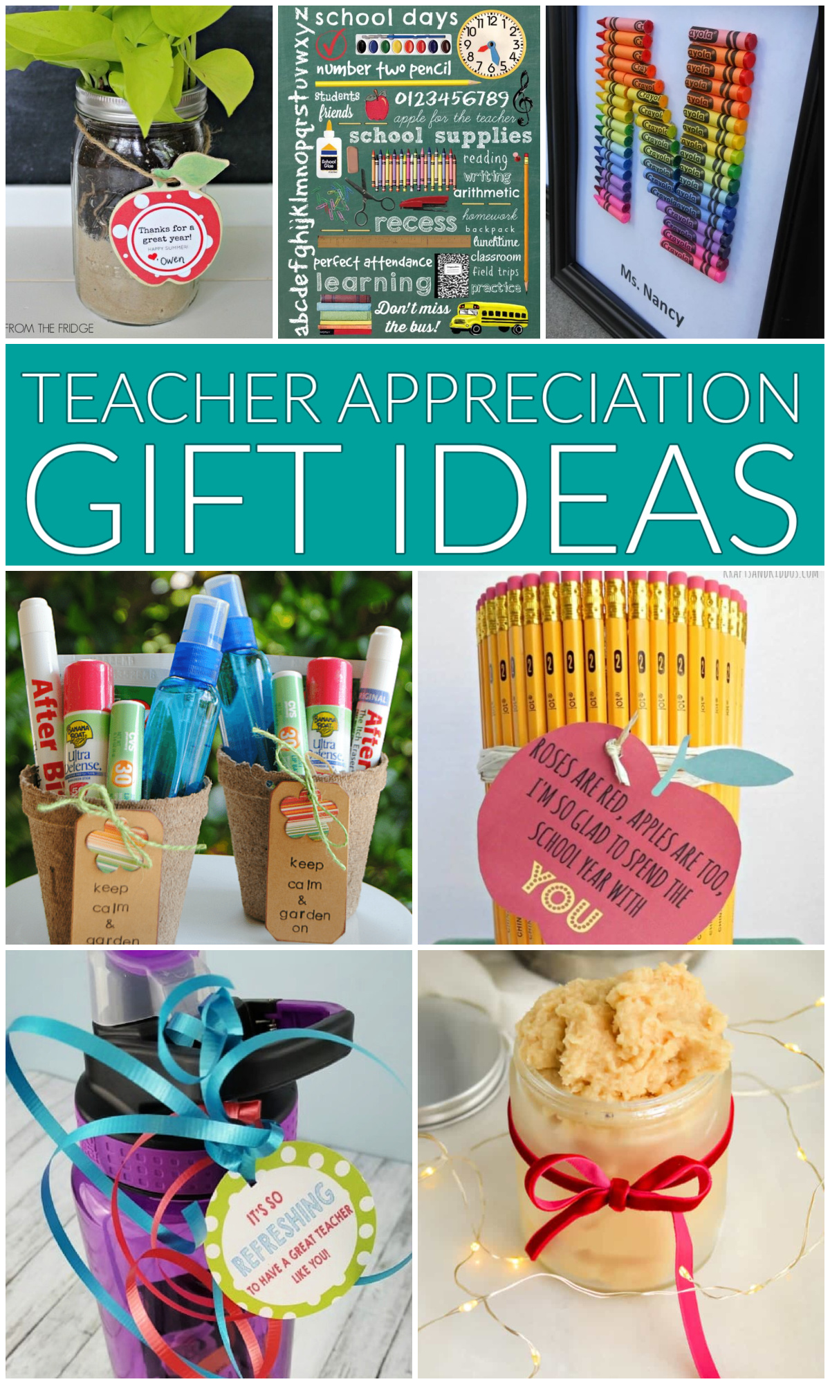 Teacher Appreciation Gift Ideas collage image with text overlay.