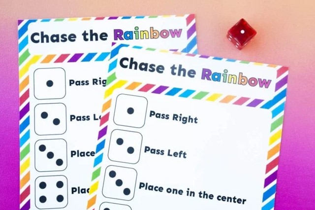 Chase the Rainbow Skittles game with dice.