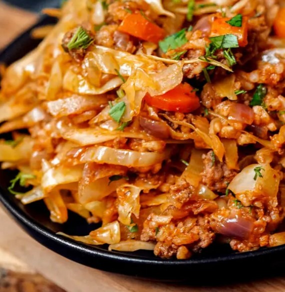 Close up of Lazy Cabbage Roll Casserole in a bowl.