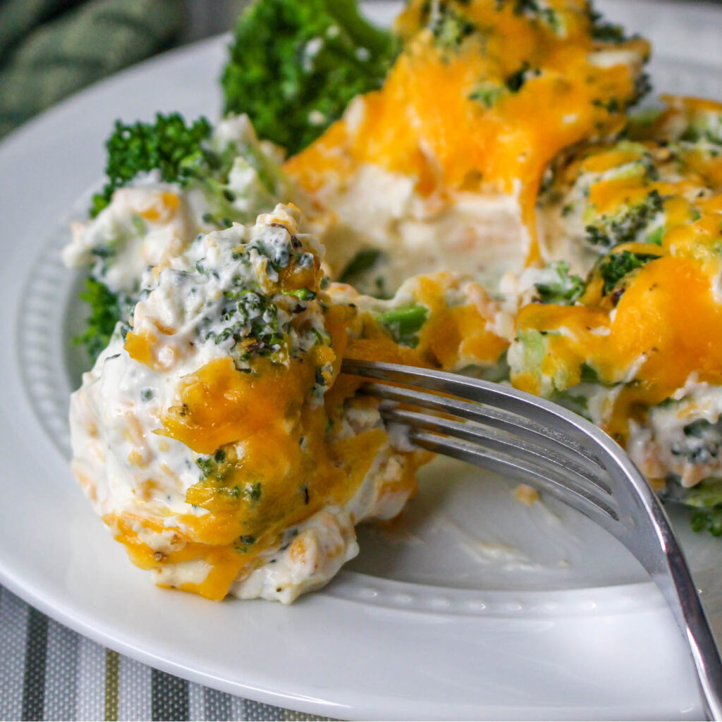 Close up of Broccoli Casserole on a fork.