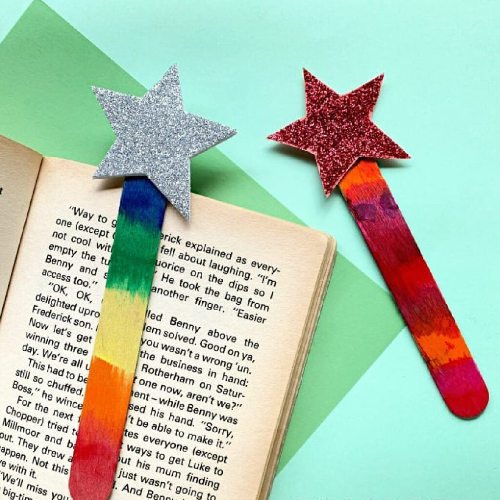 Easy DIY Craft Stick Bookmarks with a book.