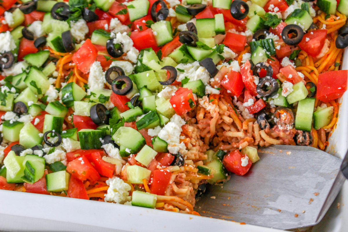 Greek Spaghetti Casserole Recipe in a baking dish.