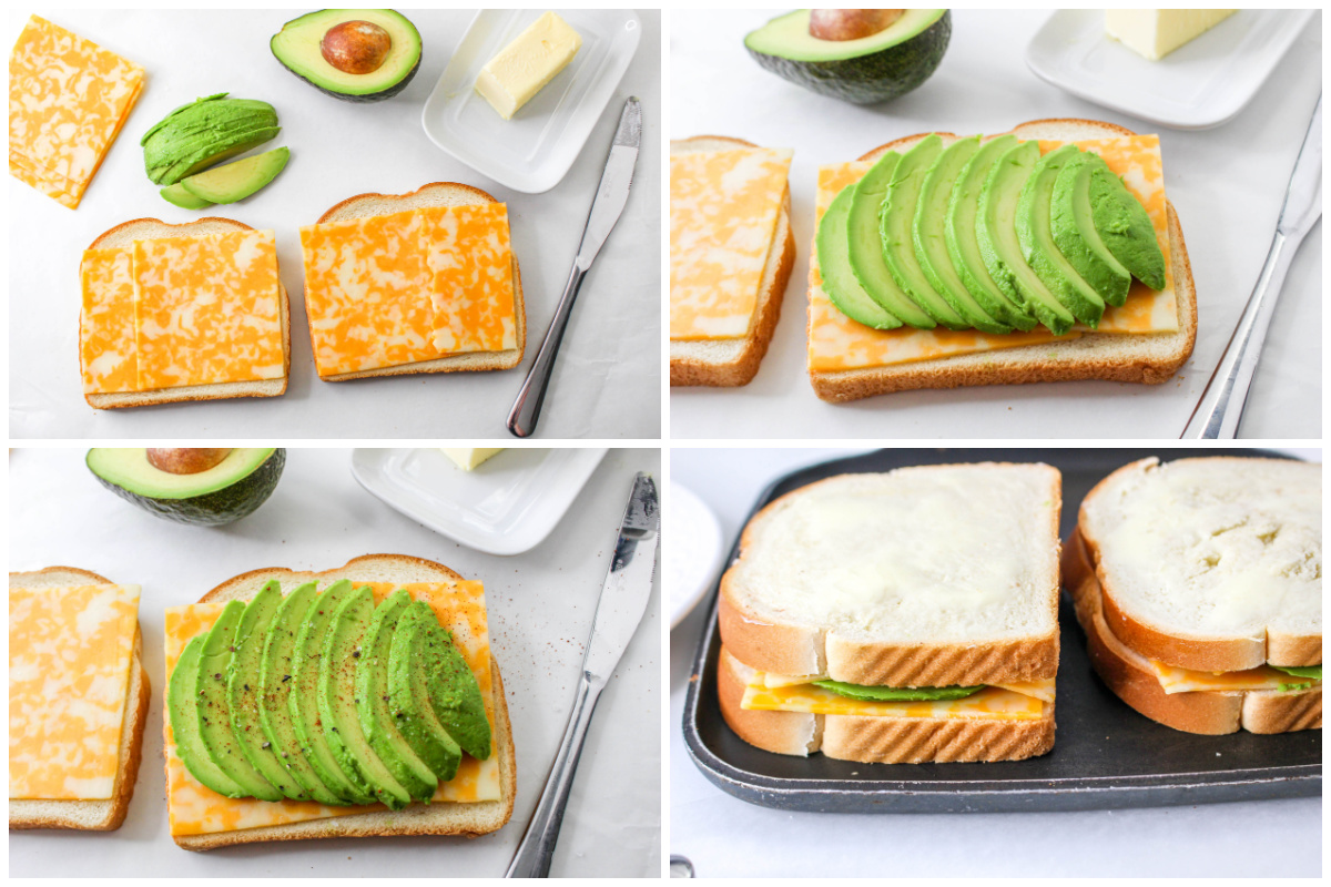 How to make an avocado grilled cheese sandwich collage.