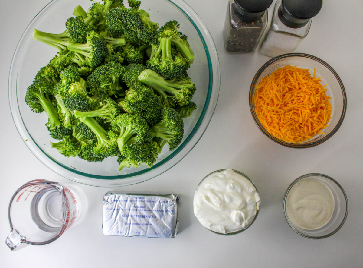 Low Carb Broccoli Casserole ingredients on a countertop.