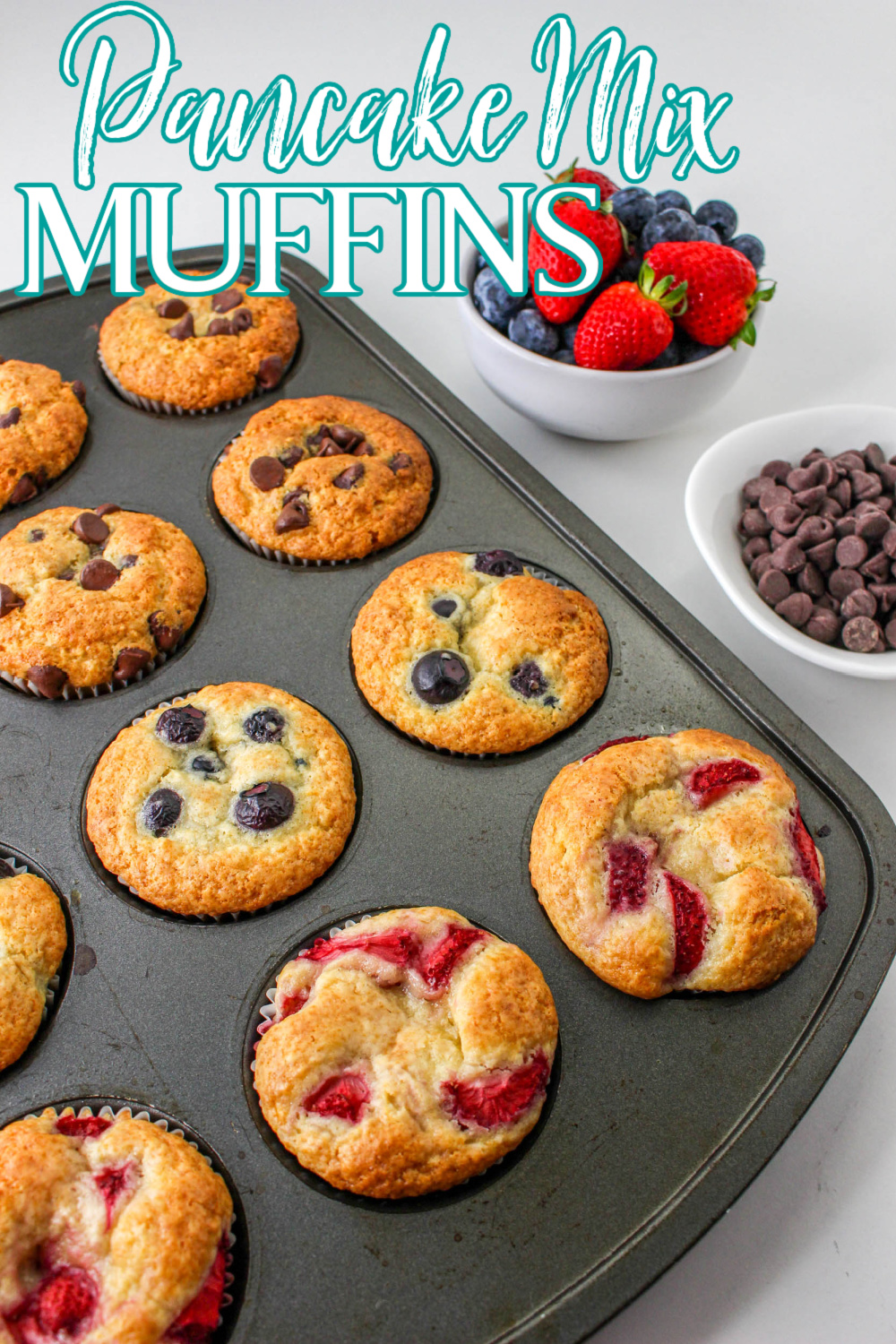 Assorted Muffins with fruit and chocolate in a baking pan; the image has text overlay.